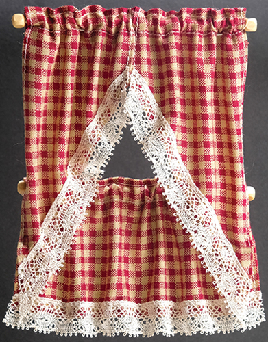 Dollhouse Miniature Kitchen Curtains: Country Red Check